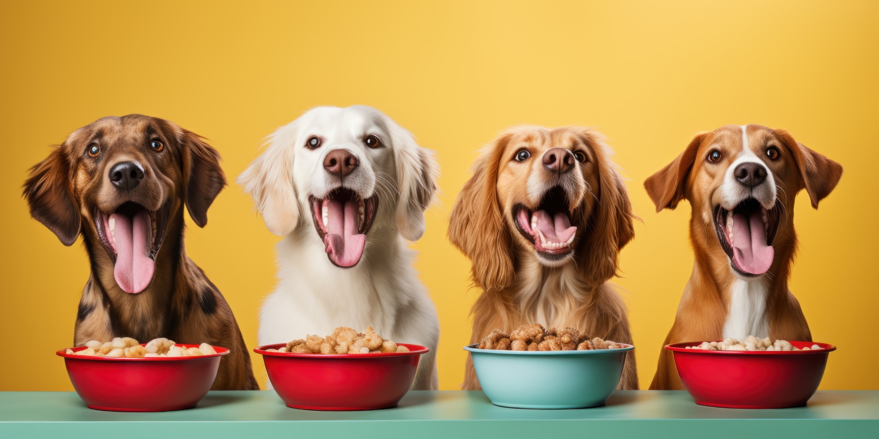 Two dogs holding bowls in their mouths, looking hopeful.