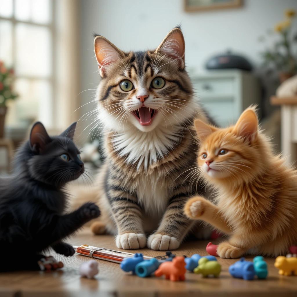 A playful cat chasing a feather toy in a cozy living room, enjoying interactive playtime.