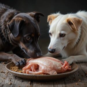 A dog looking curiously at a plate of raw chicken pieces, representing the topic of feeding raw chicken to dogs.