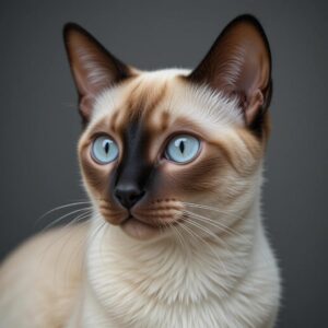 A playful Siamese cat with striking blue eyes and a sleek coat, displaying its charming personality.