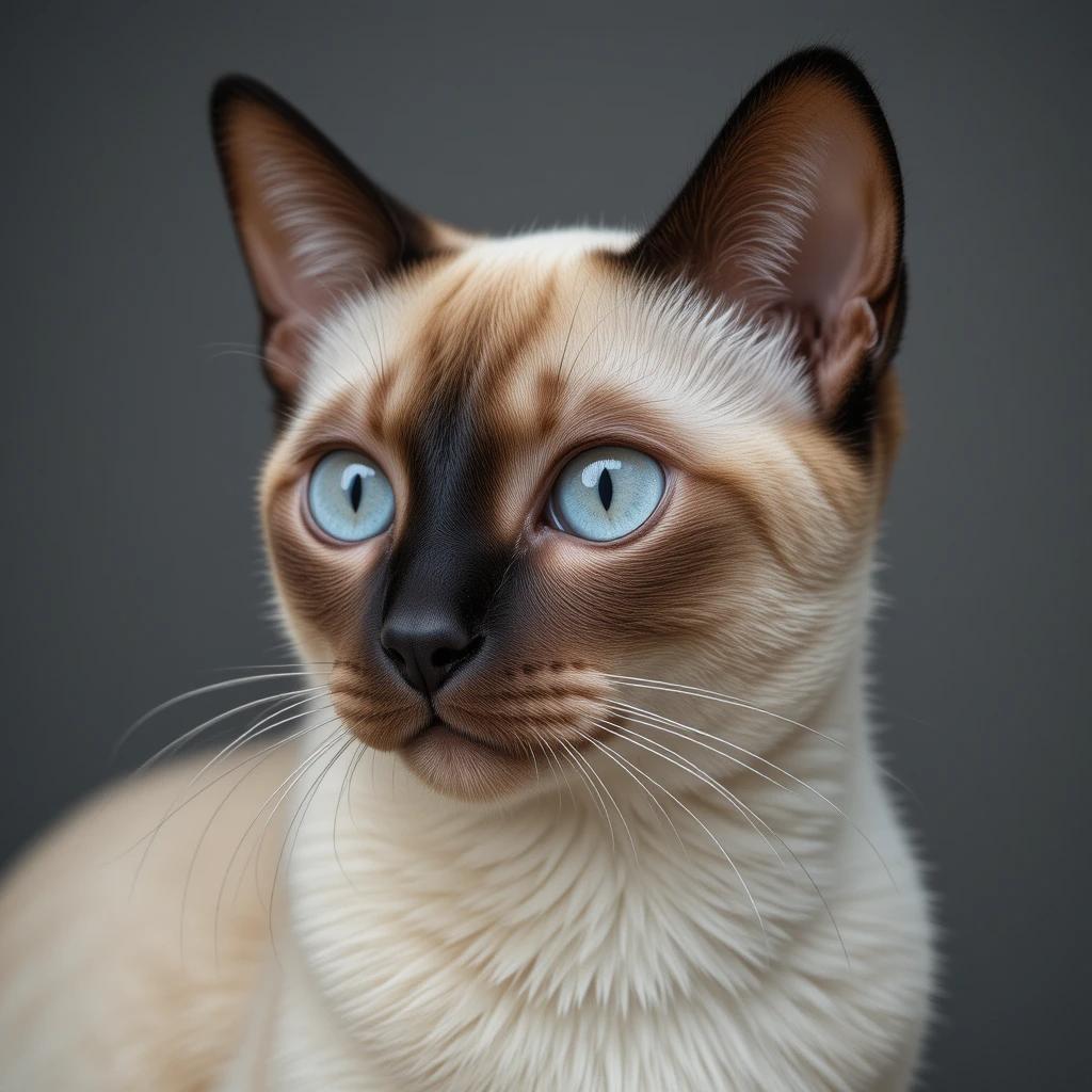 A playful Siamese cat with striking blue eyes and a sleek coat, displaying its charming personality.