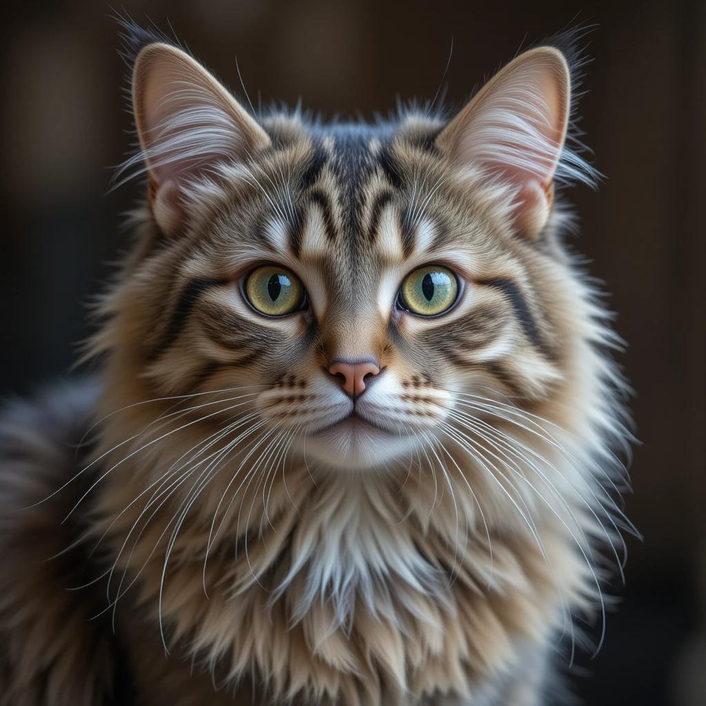 A stunningly unique cat with rare fur patterns and captivating eyes, sitting elegantly on a plush surface.