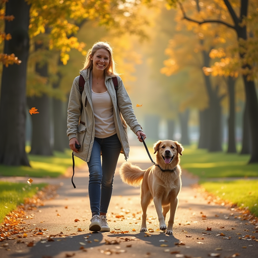 A smiling adult walks a happy dog on a leash through a peaceful park trail with falling leaves.