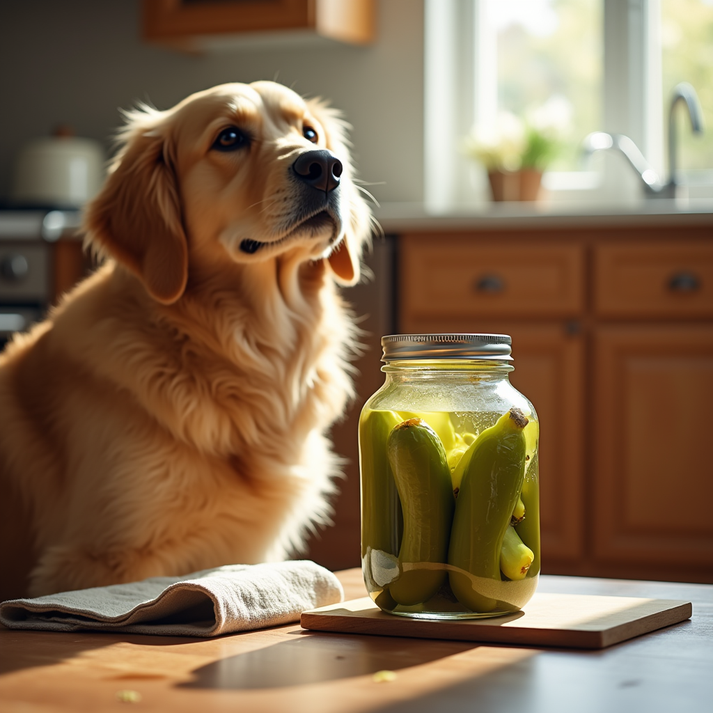 A curious golden retriever sitting on a kitchen floor, looking at an open jar of pickles on a countertop