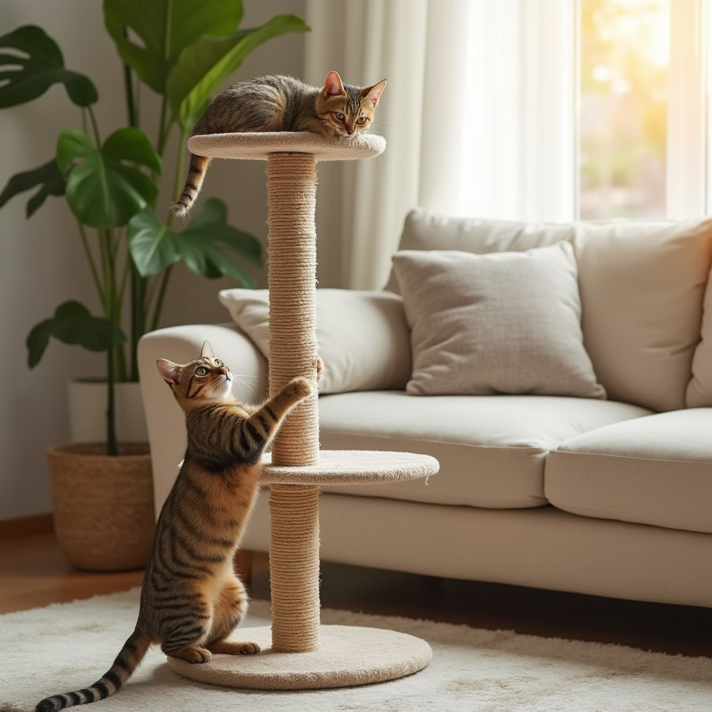 Two cats using a modern cat scratching post in a cozy living room with a couch, a potted plant, and warm natural lighting.