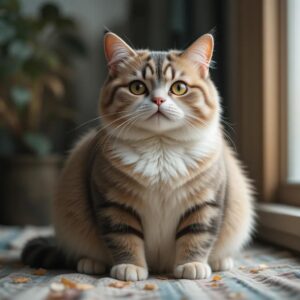 A plump cat lounging contentedly on a cozy bed, with a bowl of healthy food and toys nearby to promote activity and well-being.