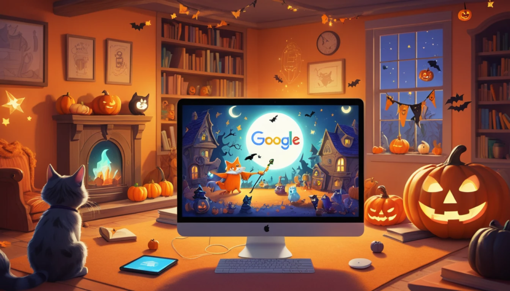  A cheerful scene of people playing the Google Doodle Magic Cat Academy game on a computer, with a wizard cat casting spells on the screen.