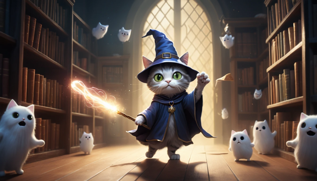  A wizard cat facing mischievous ghosts in a haunted school hallway, with glowing spells in action.