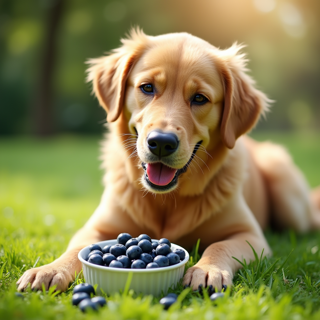 A happy golden retriever sitting on green grass, eagerly looking at a bowl of fresh blueberries on a sunny day.