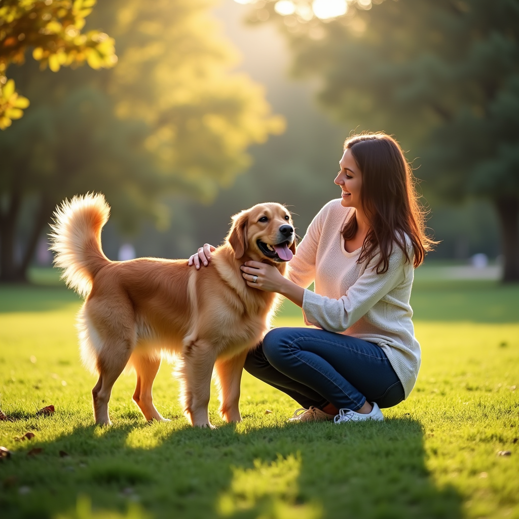 A cheerful person kneeling in a sunny park, petting a happy golden retriever with its tail wagging amidst lush green grass and trees.