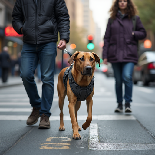 A service dog in a harness guides its owner through a busy city street while a passerby refrains from petting.