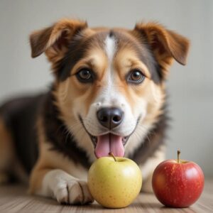 A dog eagerly sniffing a sliced apple on a plate, highlighting safe and healthy treat options for pets.