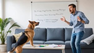 Dog sitting calmly next to its owner, showing good behavior after simple training techniques.