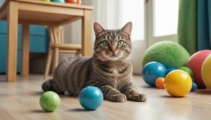 Realistic image of a curious cat exploring blue and green colored toys, highlighting its unique color perception.