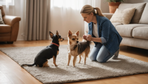 Dog shaking in anxiety while a caring owner comforts it in a cozy living room