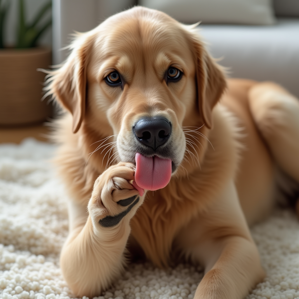 Golden retriever licking its paw with a concerned expression