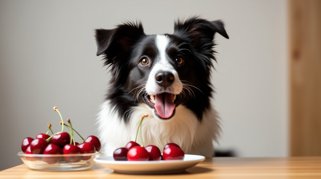 Border Collie next to a plate of safe, pitted cherries with a safety checklist in the background.