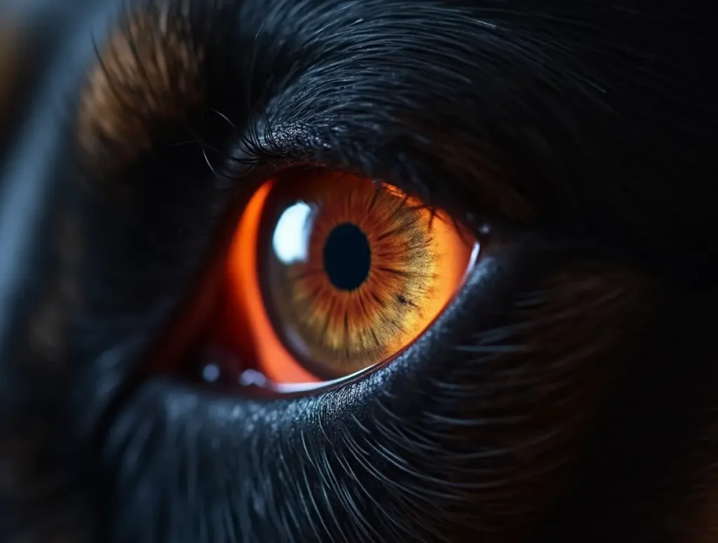 Close-up of a dog’s eye reflecting light due to the tapetum lucidum