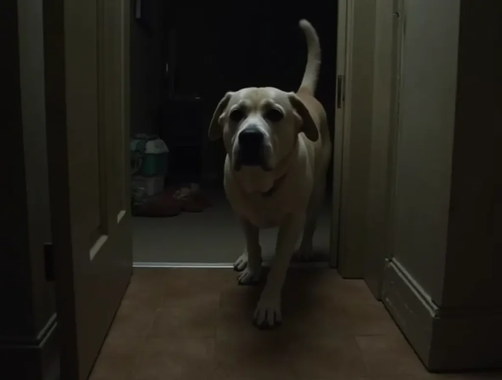 A hesitant dog at the entrance of a dark hallway, showing signs of night vision issues