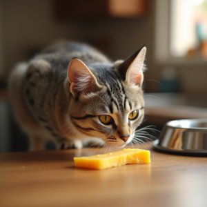 A curious domestic cat sniffing a slice of cheese on a wooden kitchen counter, appearing hesitant.