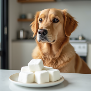 Golden Retriever looking at a plate of marshmallows on a kitchen counter.