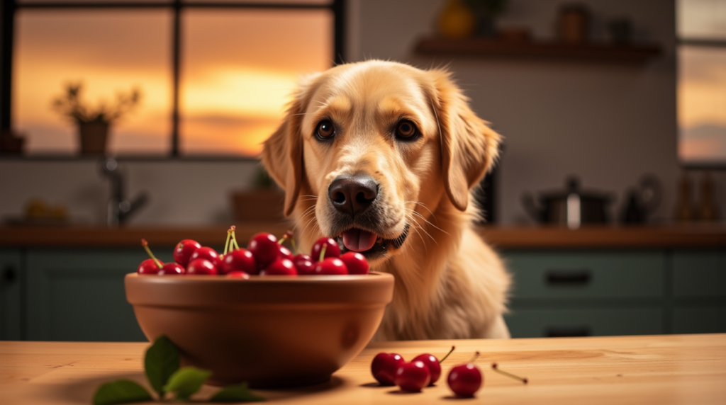 Golden retriever sniffing a bowl of pitted cherries, highlighting dog-safe fruit options.