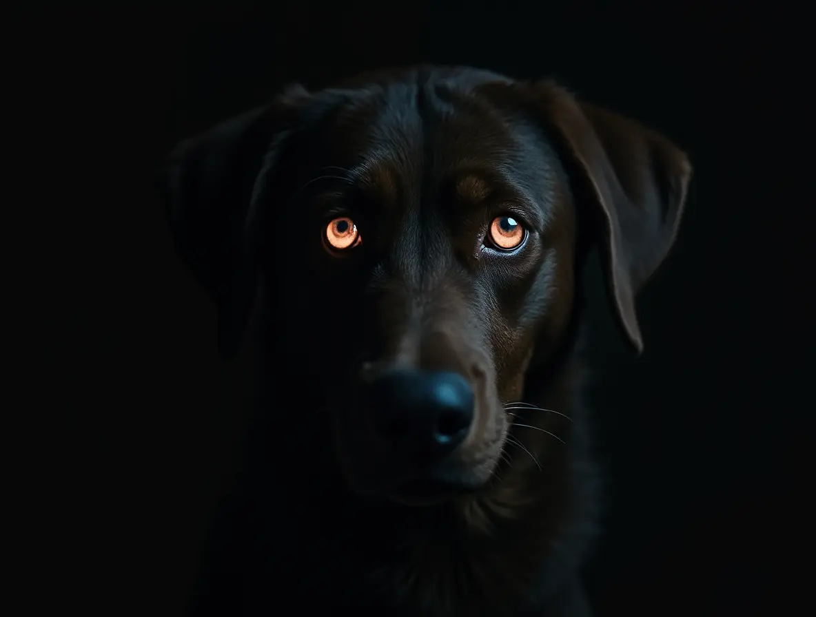 Close-up of a dog's glowing eyes in the dark, highlighting its night vision ability