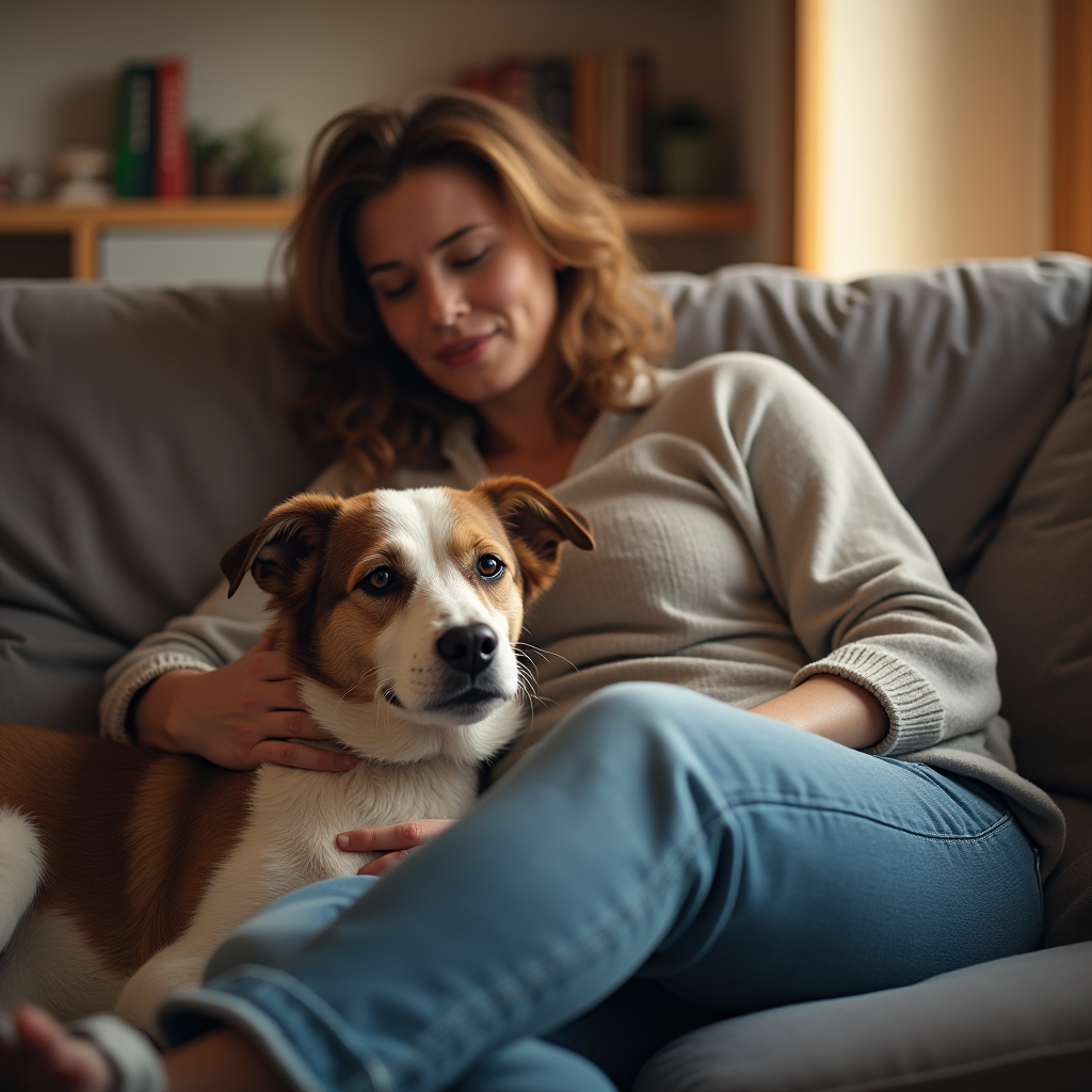 Dog resting calmly with owner, symbolizing attentive care and monitoring of panting.