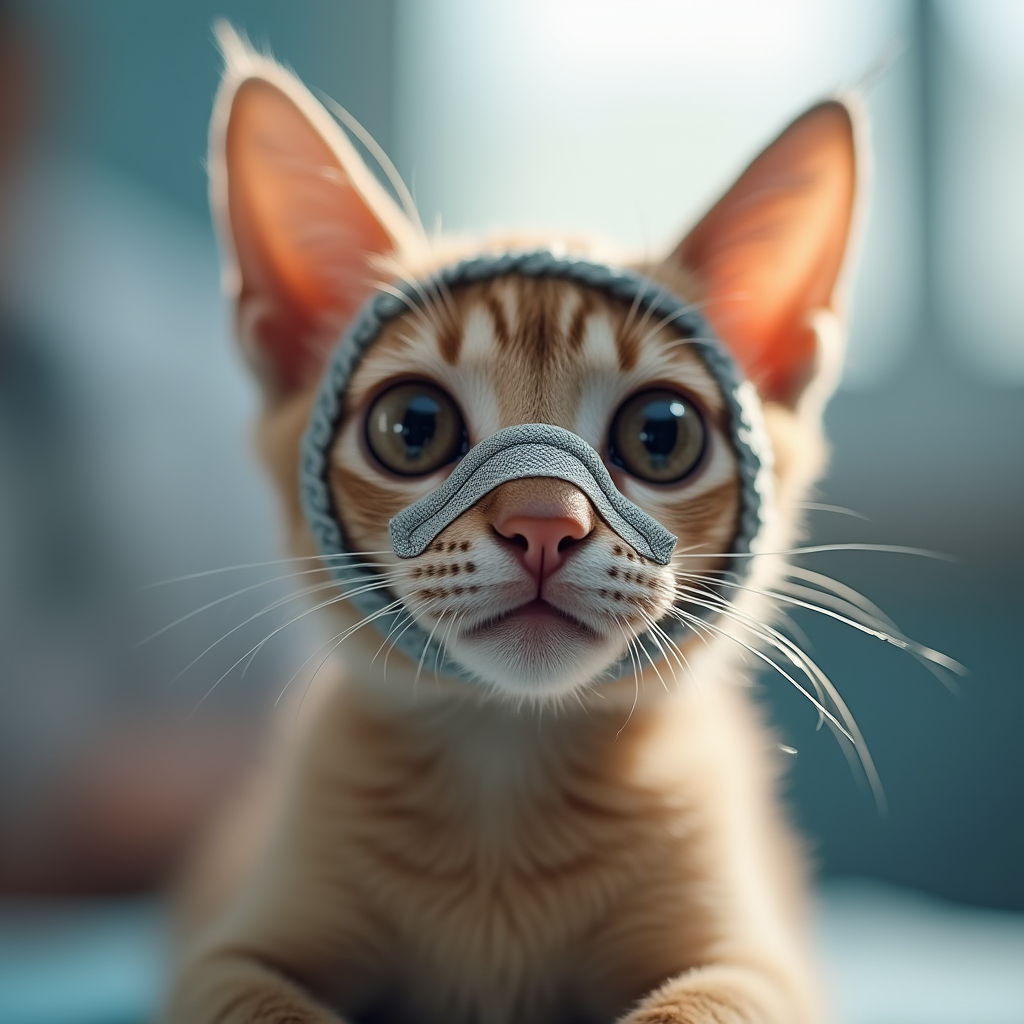 An anxious domestic short-haired cat wearing a soft, breathable cat muzzle in a veterinary clinic, looking slightly nervous but calm.