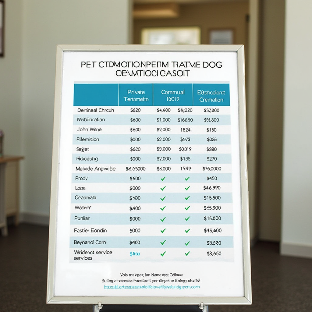 A detailed cremation cost breakdown chart displayed at a pet crematorium.