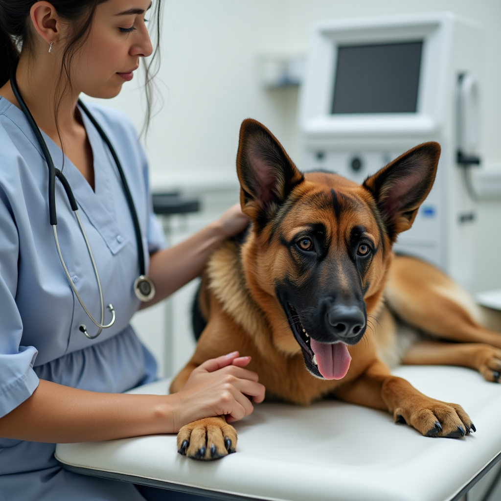 Dog with rapid panting and pale gums being examined by a veterinarian