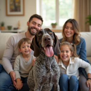 Happy German Shorthaired Pointer playing with a family in a cozy living room