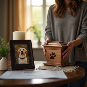 A grieving pet owner holds a wooden urn with a paw print engraving, honoring their beloved dog. A framed photo and candle sit nearby in a peaceful memorial setting.