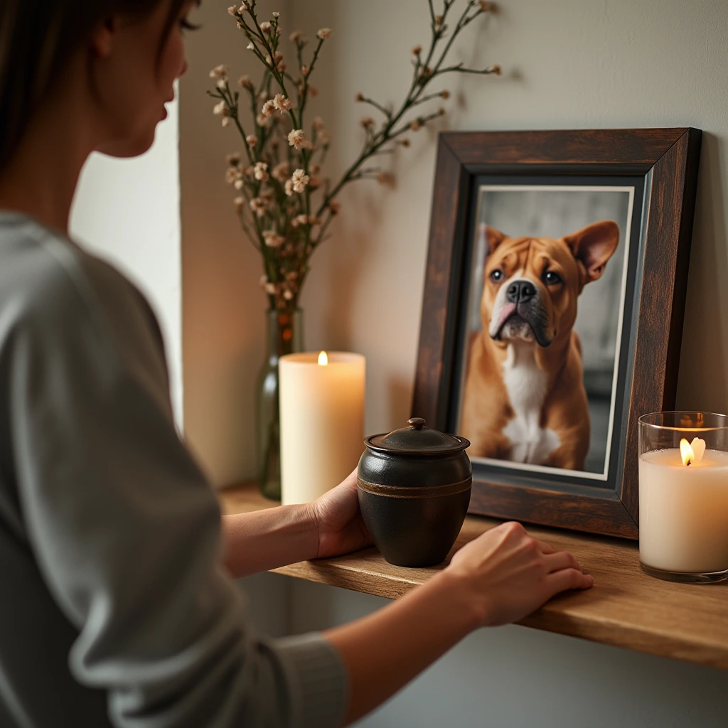 A pet owner places a cremation urn on a home memorial shelf, honoring their dog