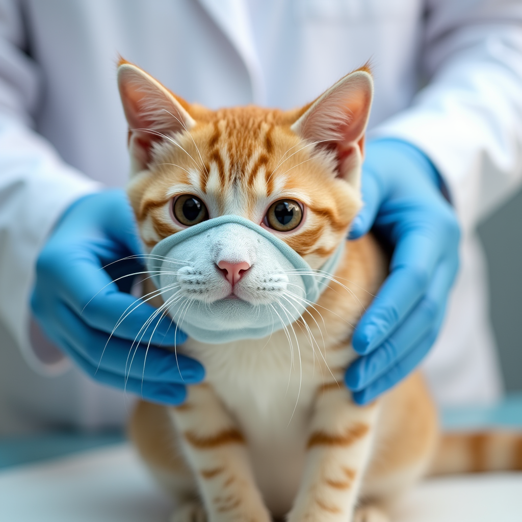 A veterinarian gently placing a breathable cat muzzle on a slightly anxious cat during an examination.