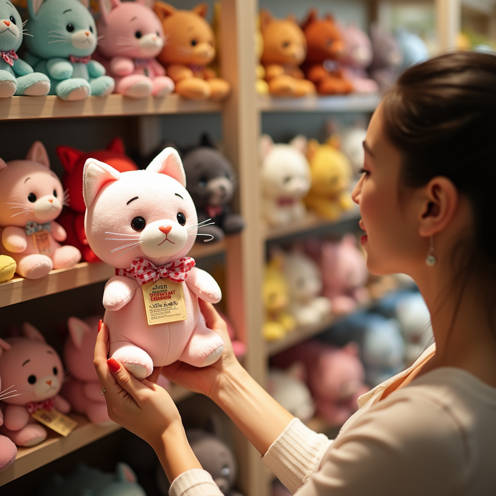 A customer checking an official Jelly Cat plush tag in a store.