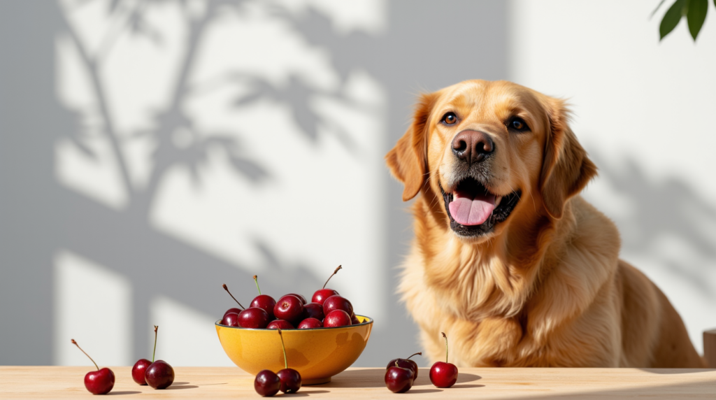 Golden retriever sitting beside a bowl of cherries, curious yet cautious.