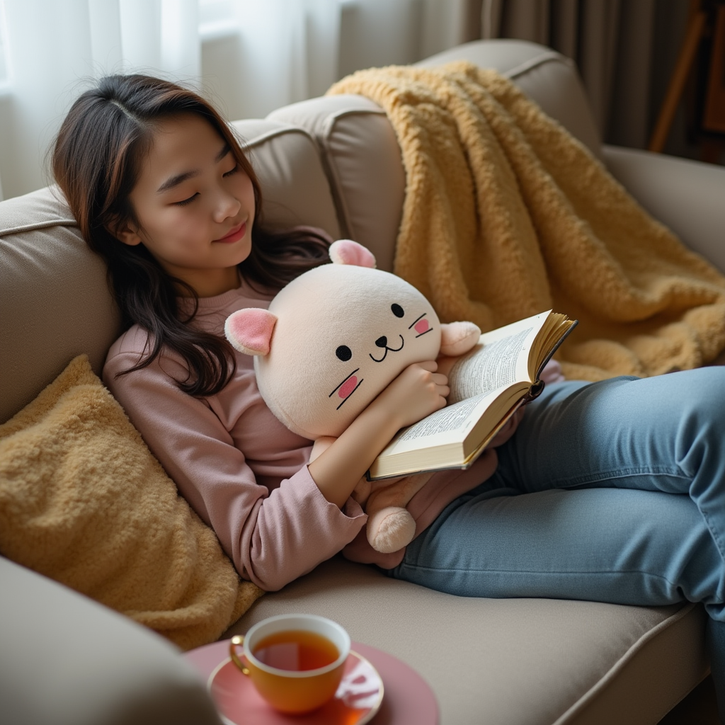 A person relaxing with a Jelly Cat plush and a book.