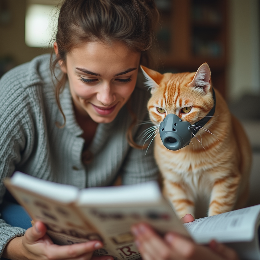 A pet owner looking at their cat wearing a muzzle with concern, reading a book on responsible pet care.