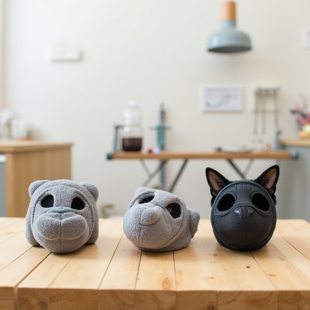 Different types of cat muzzles, including soft fabric, mesh, and full-face muzzles, displayed on a grooming table.