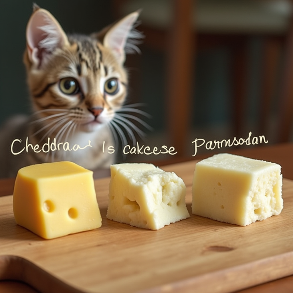 Different types of cheese on a wooden board with a curious cat in the background.