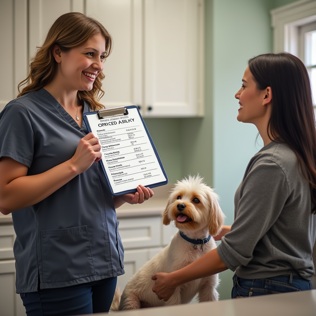 A pet owner discusses dog cremation costs with a veterinary receptionist in a clinic.