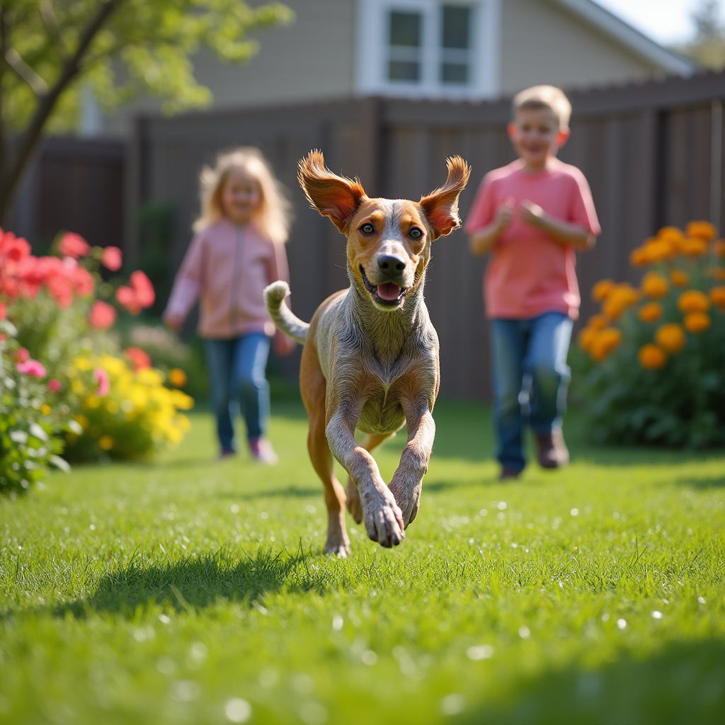 Energetic GSP dog running in a backyard, bringing joy to a family.