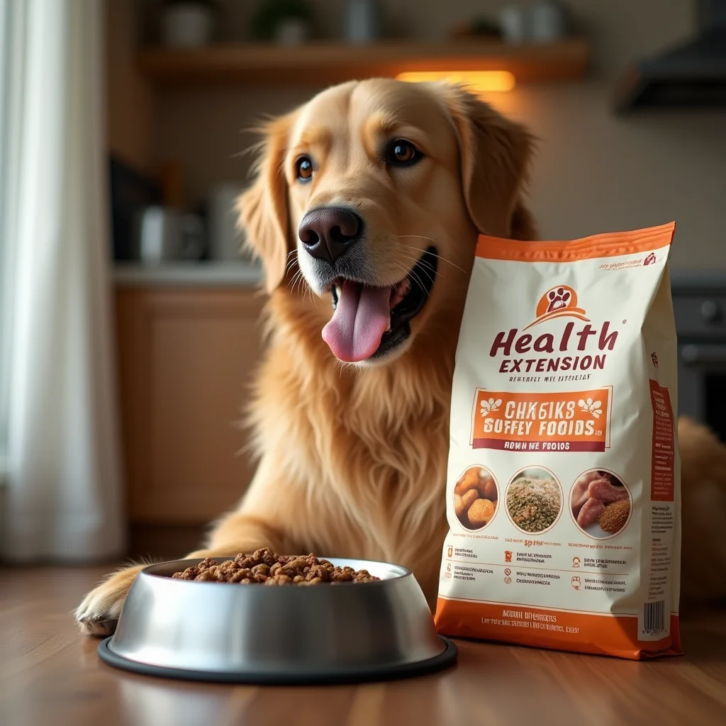 A happy Golden Retriever eating Health Extension Dog Food from a bowl, with a bag of the dog food beside it in a cozy home kitchen.