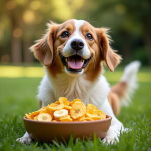 A curious dog sniffing a bowl of golden banana chips on a grassy lawn.