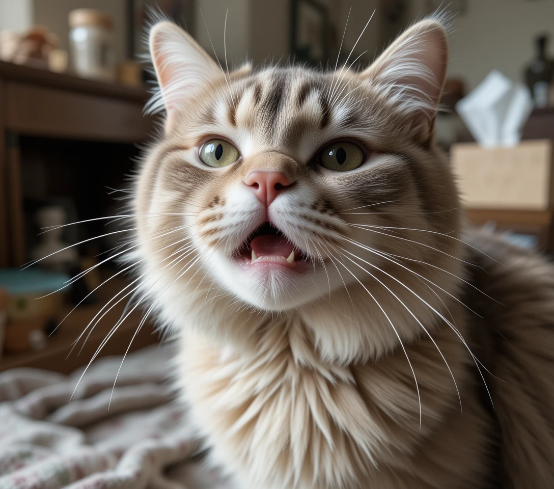 A domestic cat mid-sneeze with watery eyes and nasal discharge in a cozy home setting