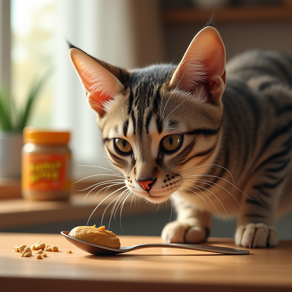 A curious cat sniffing a spoonful of peanut butter on a kitchen counter.