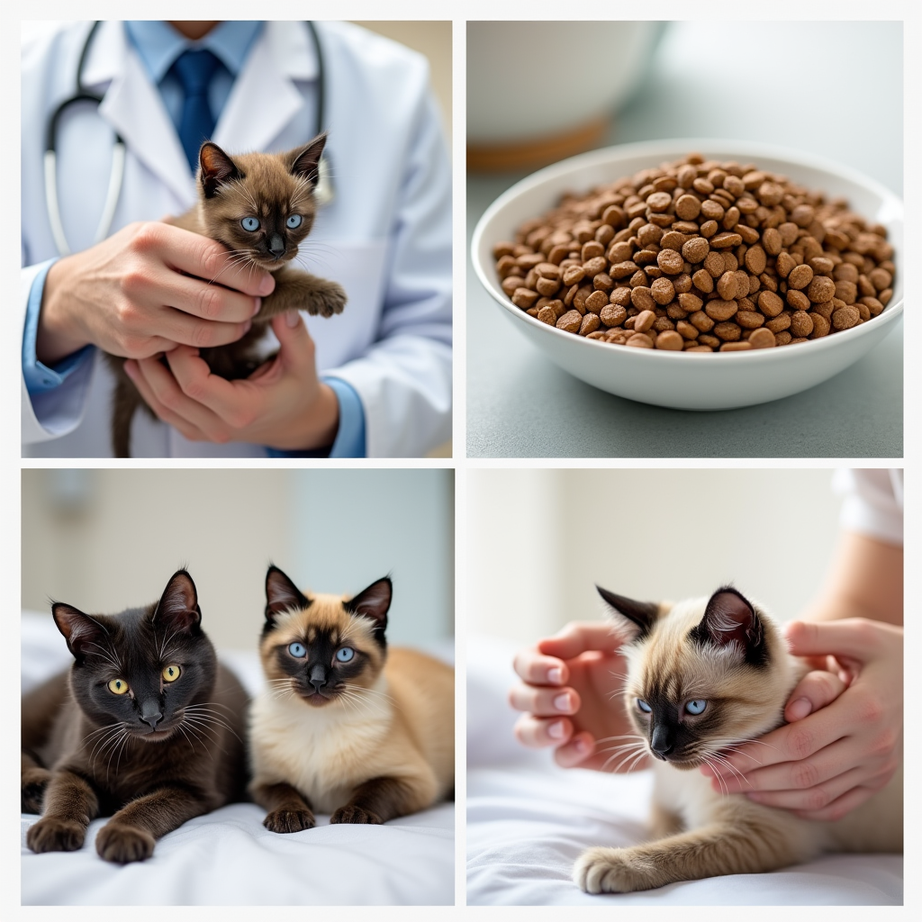 Collage of key factors affecting cat growth, including nutrition, genetics, and health care.