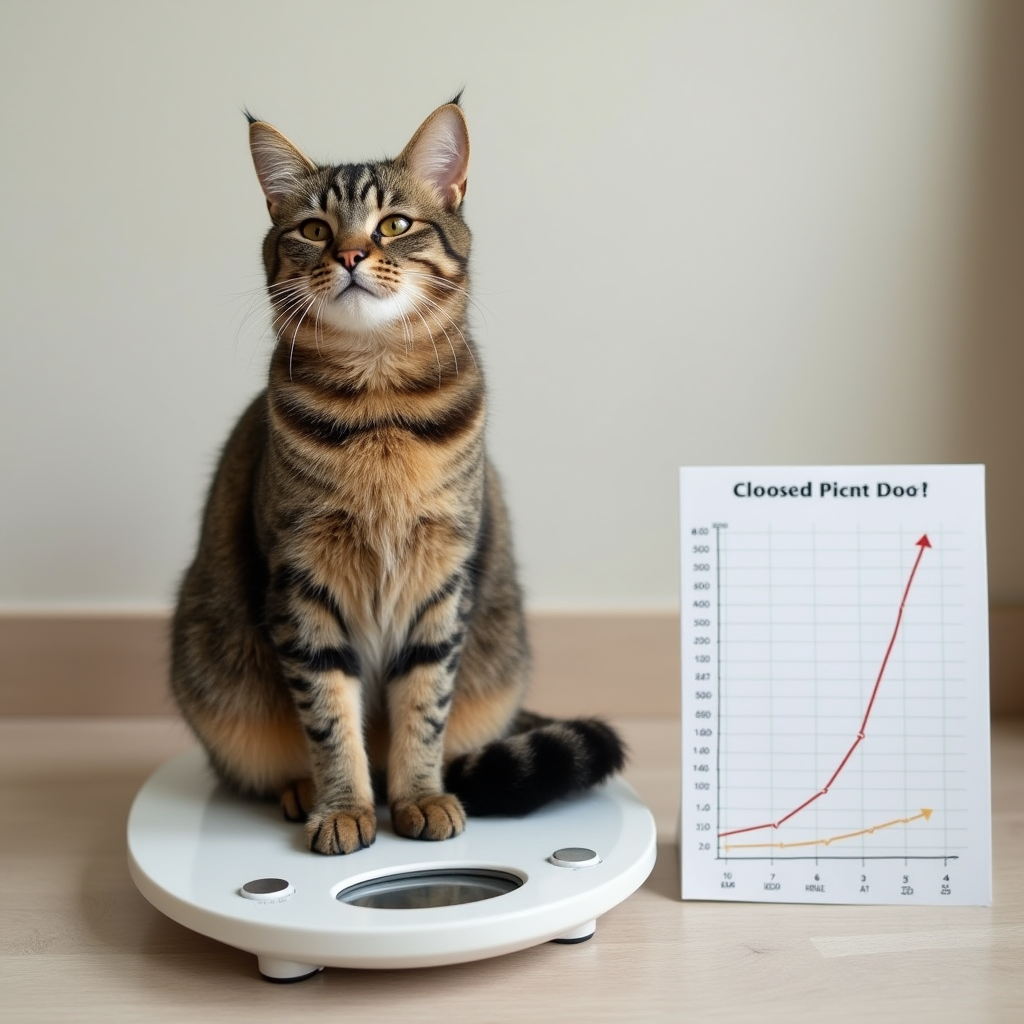 Adult cat on a scale with a growth chart showing signs of reaching full size.