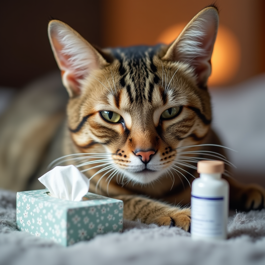 A sick cat with nasal discharge and watery eyes, showing signs of a respiratory infection